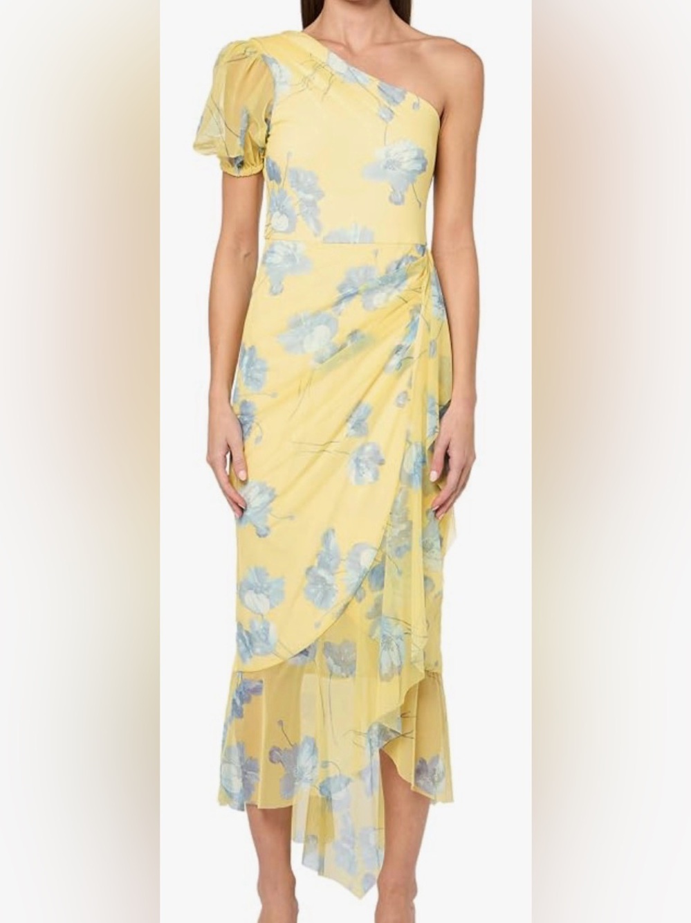 BCBGMaxAzria Yellow One-Shoulder Floral Midi Dress with Blue Print